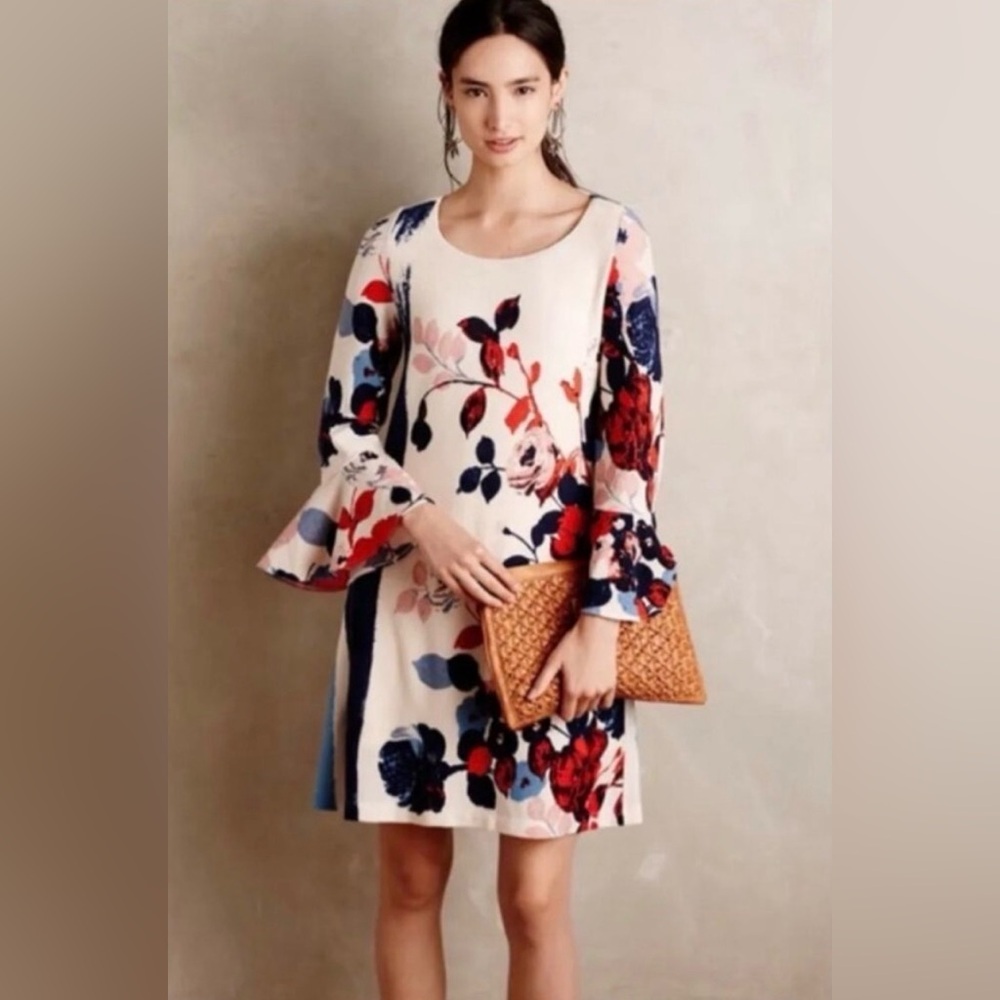 Maeve Anthropologie Floral‎ Print Knit Swing Dress Bell Sleeves Size Large